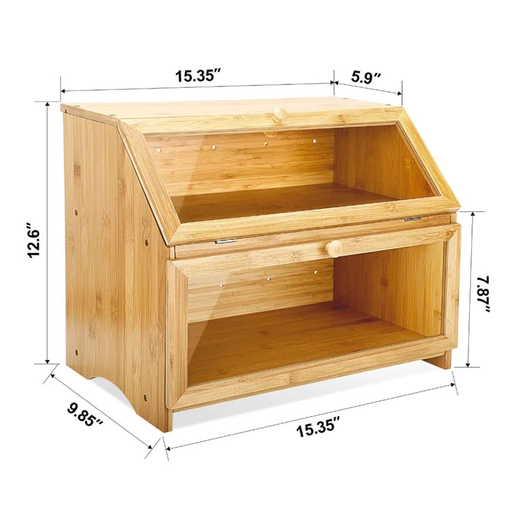 Modern Design Bamboo Bread Box with Adjustable Wooden Layers Acrylic Glass Storage Drawer for Kitchen Food Storage