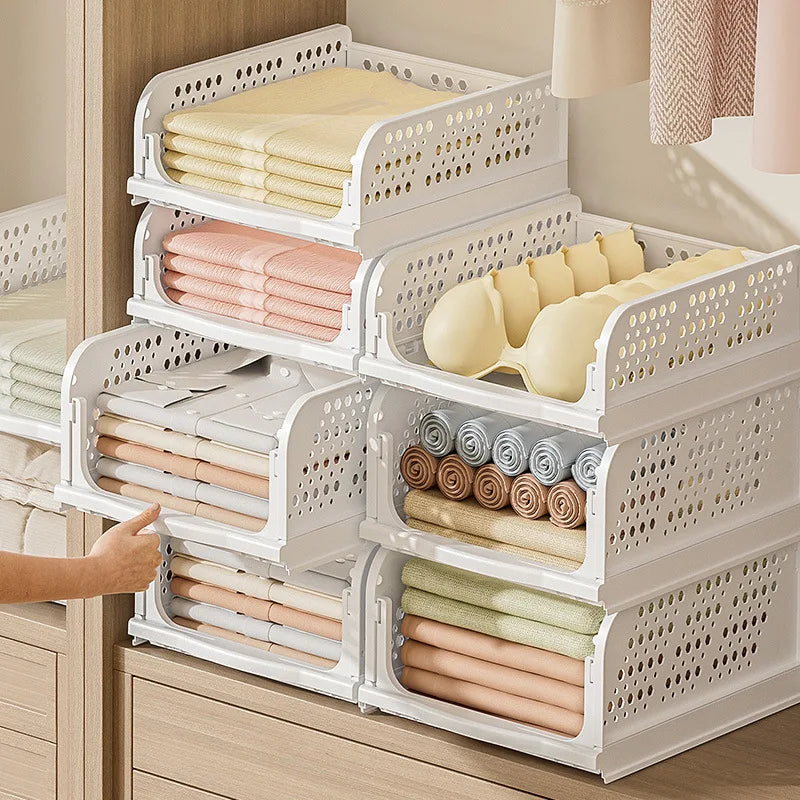 NBD-N6921 Stackable Foldable PP Clothing Organizer Storage Basket for Closet Drawer Shelf Container Box Wardrobe Kitchen Office