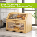 High Capacity 2-Layer Bamboo Bread Box Large Rectangle Wooden Food Storage Bin with Lacquer Technique for Kitchen Counter