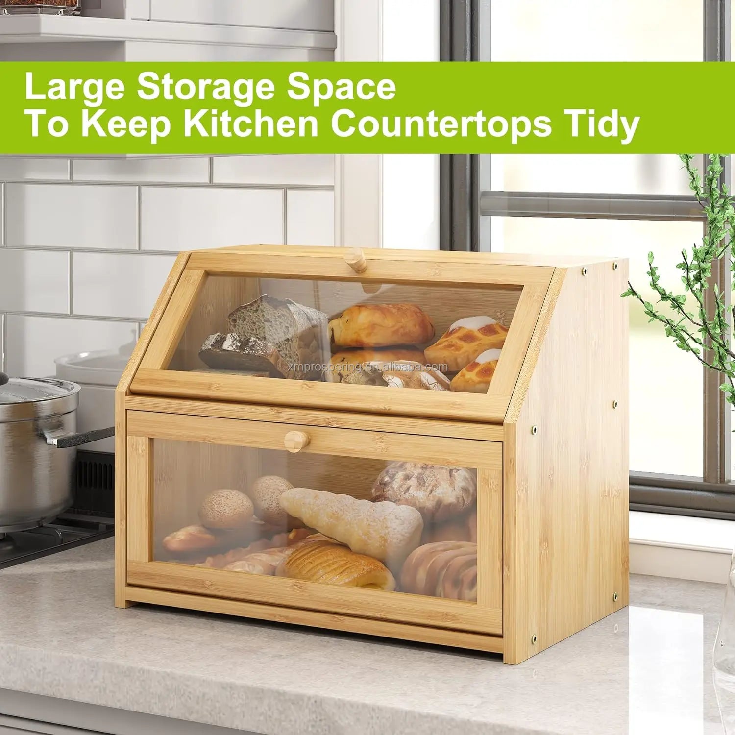 High Capacity 2-Layer Bamboo Bread Box Large Rectangle Wooden Food Storage Bin with Lacquer Technique for Kitchen Counter
