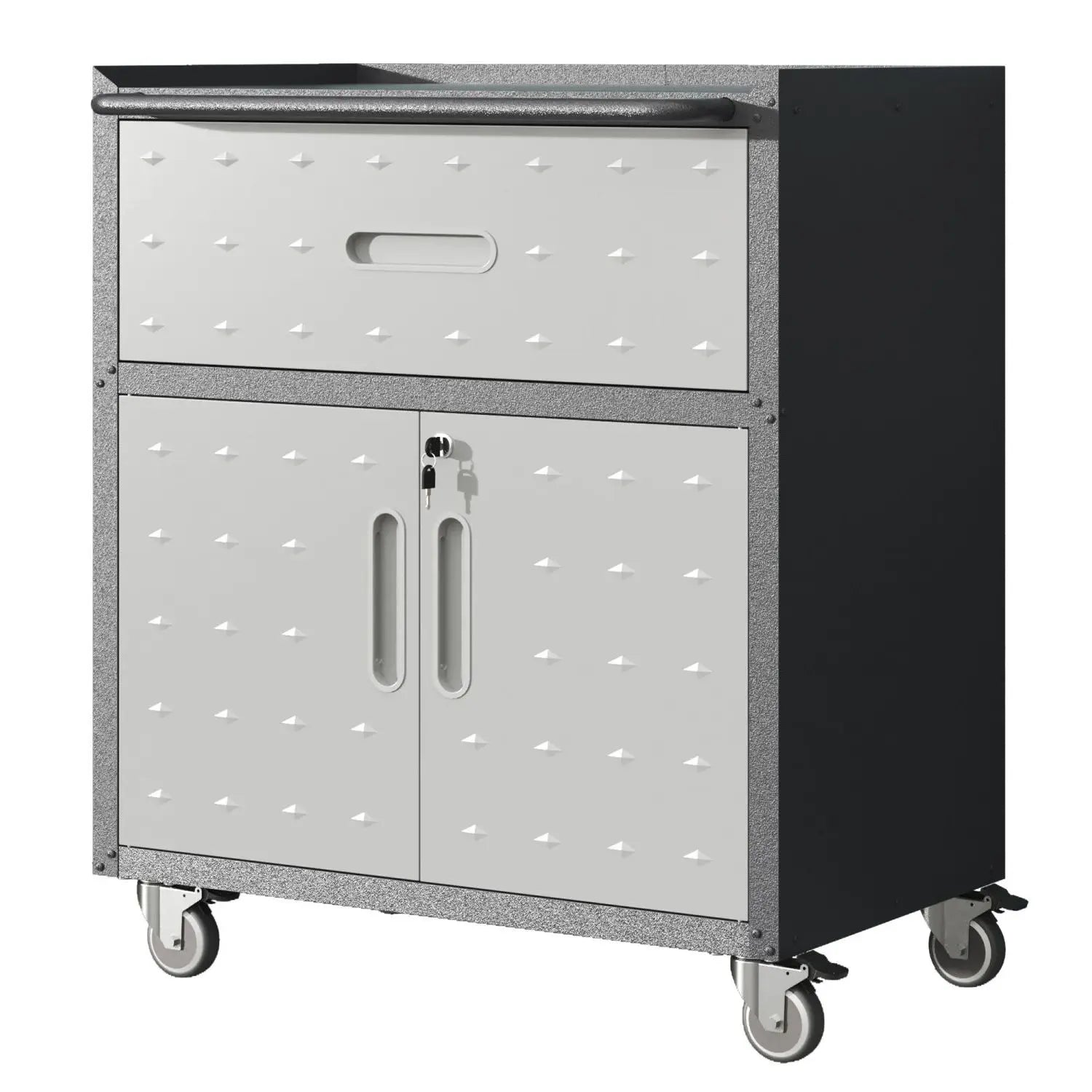 Durable 1-Drawer 2-Locking-Door Rolling Tool Cabinet With Push Handle Industrial Style Mobile Garage Storage Cart Black Gray