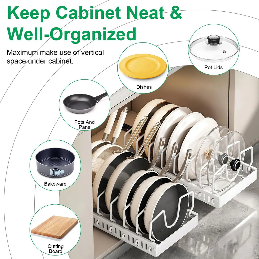 Pan Organizer Pull-Out Damping Rail Adjustable Carbon Steel Tool-Free Installation Kitchen Cabinet Storage White Black