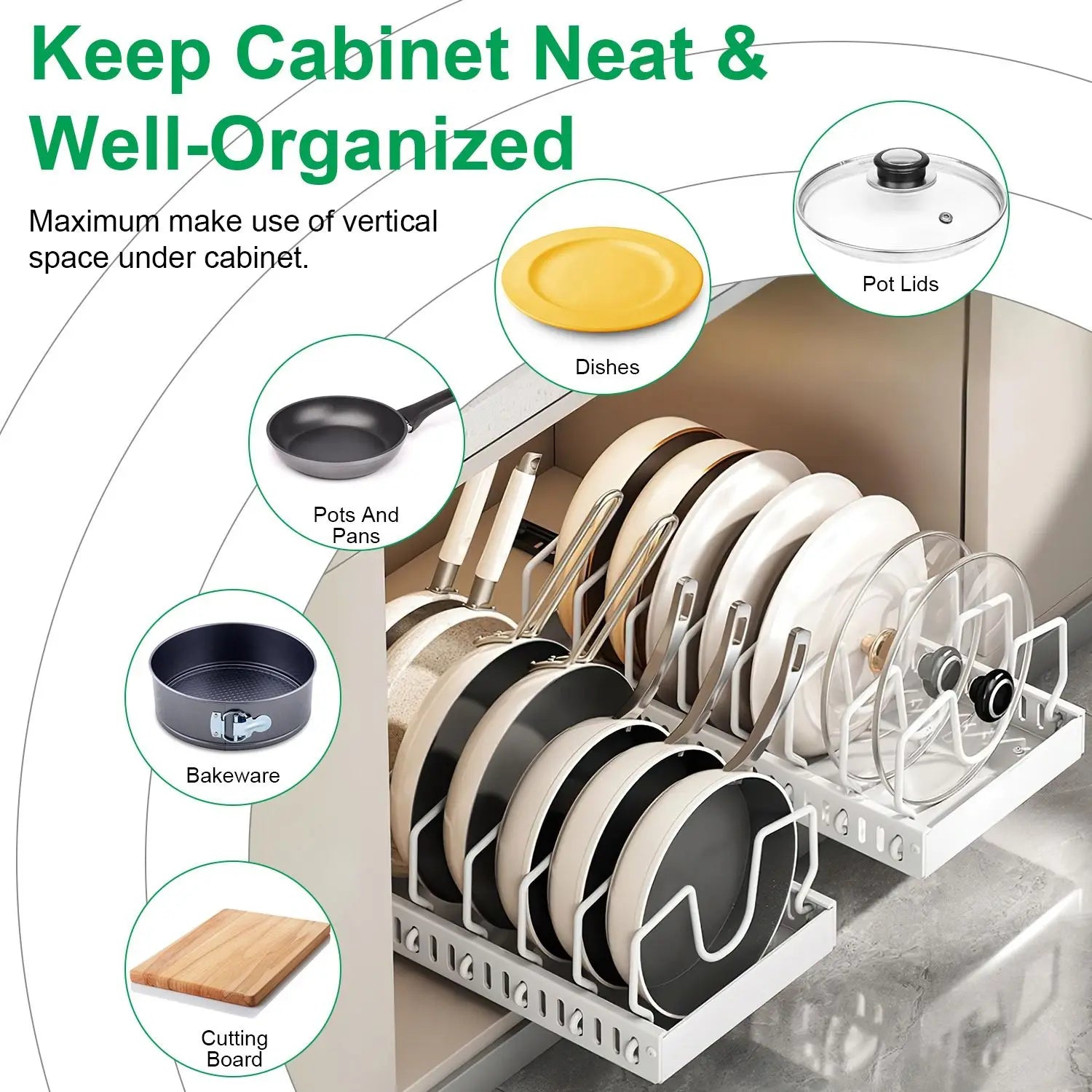 Pan Organizer Pull-Out Damping Rail Adjustable Carbon Steel Tool-Free Installation Kitchen Cabinet Storage White Black