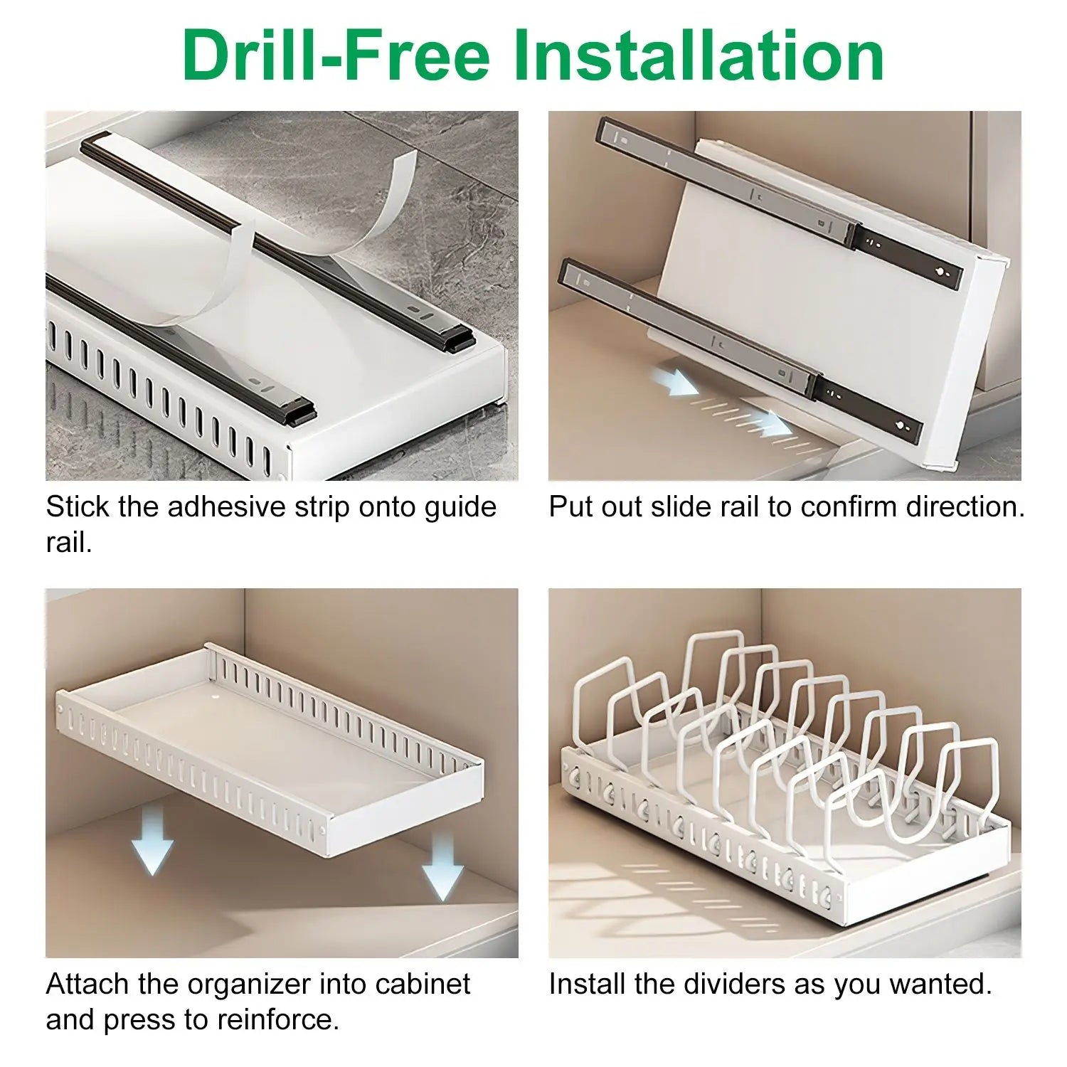 Pan Organizer Pull-Out Damping Rail Adjustable Carbon Steel Tool-Free Installation Kitchen Cabinet Storage White Black