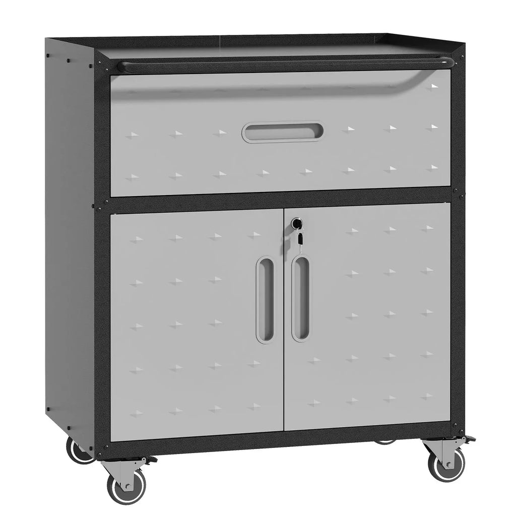 Durable 1-Drawer 2-Locking-Door Rolling Tool Cabinet With Push Handle Industrial Style Mobile Garage Storage Cart Black Gray