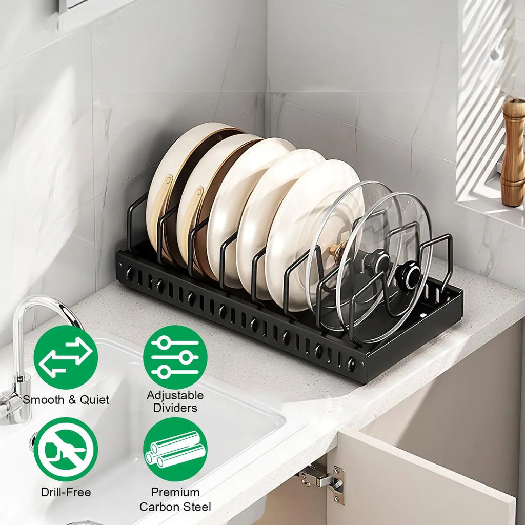 Pan Organizer Pull-Out Damping Rail Adjustable Carbon Steel Tool-Free Installation Kitchen Cabinet Storage White Black