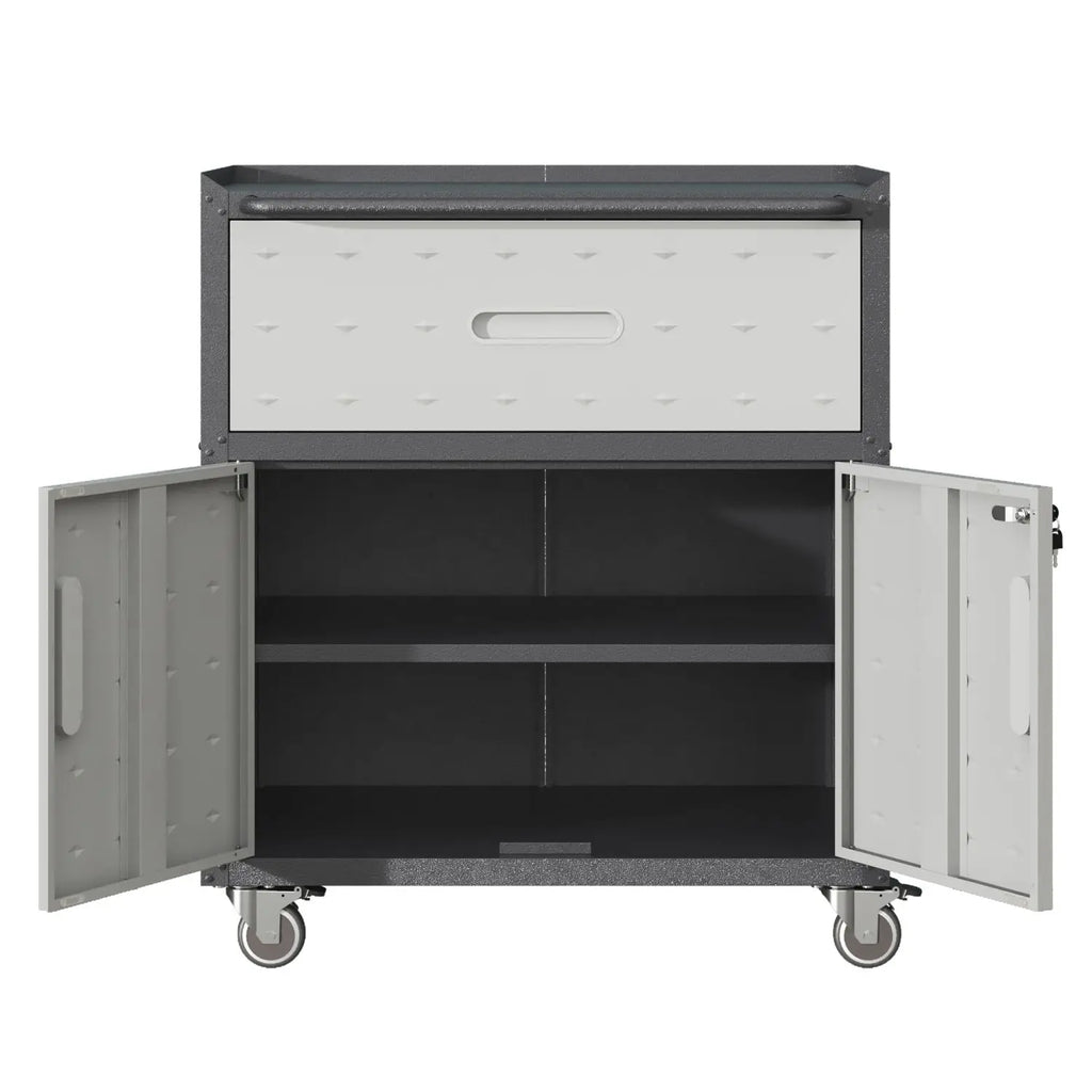 Durable 1-Drawer 2-Locking-Door Rolling Tool Cabinet With Push Handle Industrial Style Mobile Garage Storage Cart Black Gray