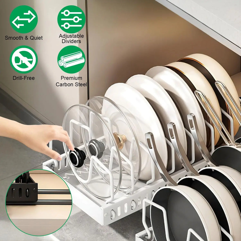 Pan Organizer Pull-Out Damping Rail Adjustable Carbon Steel Tool-Free Installation Kitchen Cabinet Storage White Black